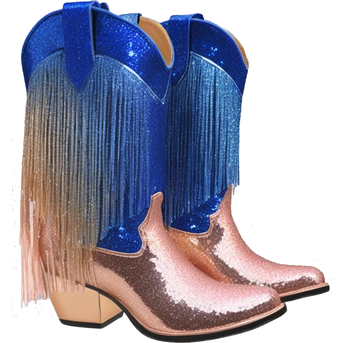 Realistic rose gold and royal blue ombre pair of fashion cowgirl boots with sparkly shiny glitter fringe on them. emoji