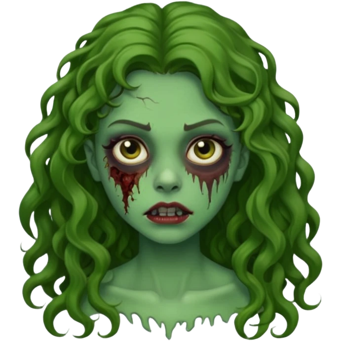 faça uma garota zombie, com a pele verde, cabelo castanho cacheado abaixo do ombro linda emoji