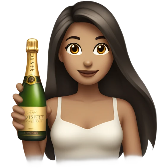 girl with long dark brown hair and brown eyes with bottle of champagne  emoji