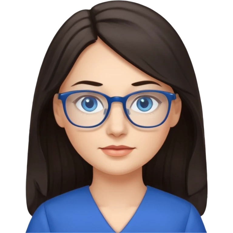 long dark hair, blue eyes, glasses teacher female, blue dress emoji