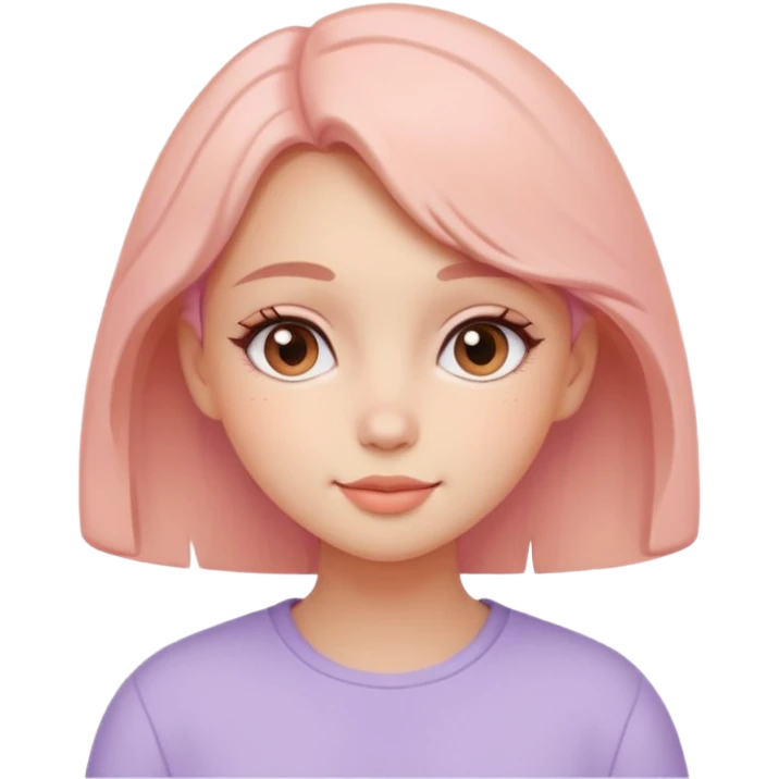 Create a cohesive set of 8 emoji-style icons that represent a kind-hearted, very lovable girl (head-and-shoulders). Requirements: soft, rounded shapes and friendly proportions; warm pastel color palette (peach skin undertone options, blush pink, warm lavender accents);  emoji