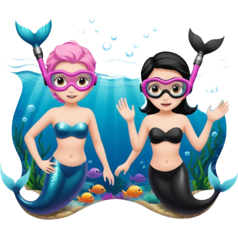 2 Mermaids one wearing a light pink snorkel mask and the other wearing black snorkel mask emoji