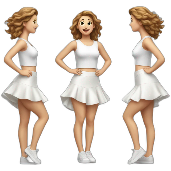 hyperrealistic-full-body-caucasian-curvy-beauty-jumping-small white-skirt-back-and-front-views-strong-wind emoji