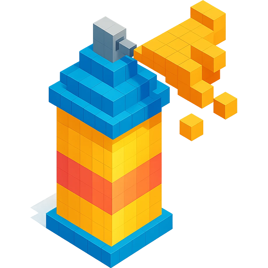 isometric view of a spray paint can with gold paint in voxel style emoji