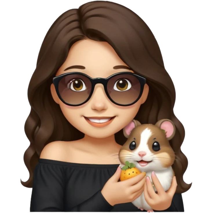 modern emoji of a young woman with light skin, long wavy dark brown hair, black off-shoulder top, friendly smile, warm eyes, pet hamster with tiny sunglasses sitting on her shoulder eating a seed, both happy and playful, pastel background, clean cheerful charming style emoji