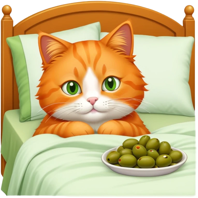 Orange cat eating olives in bed relaxing emoji