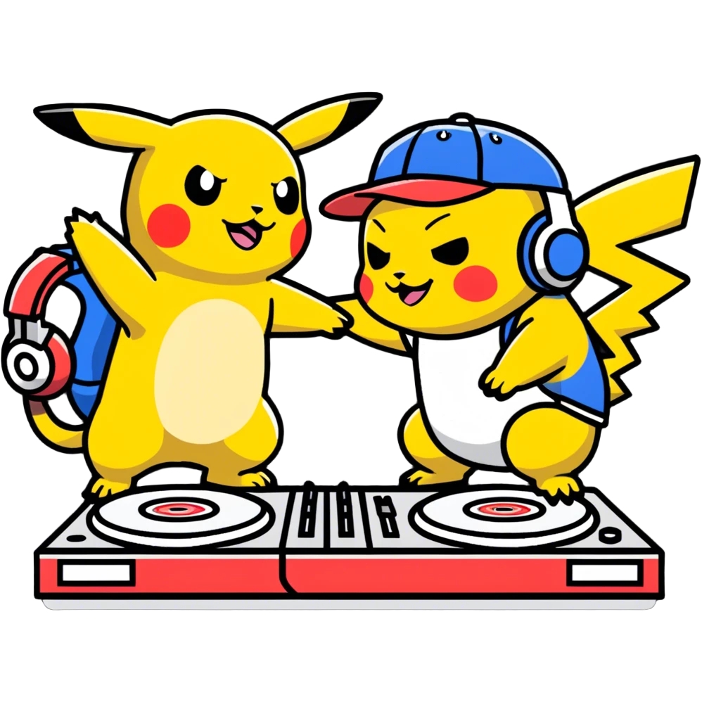 Hot handsomeb muscular 6ft tall smiling happy clean shaven ash ketchum being a  dj and his music rocks while kissing pikachu emoji
