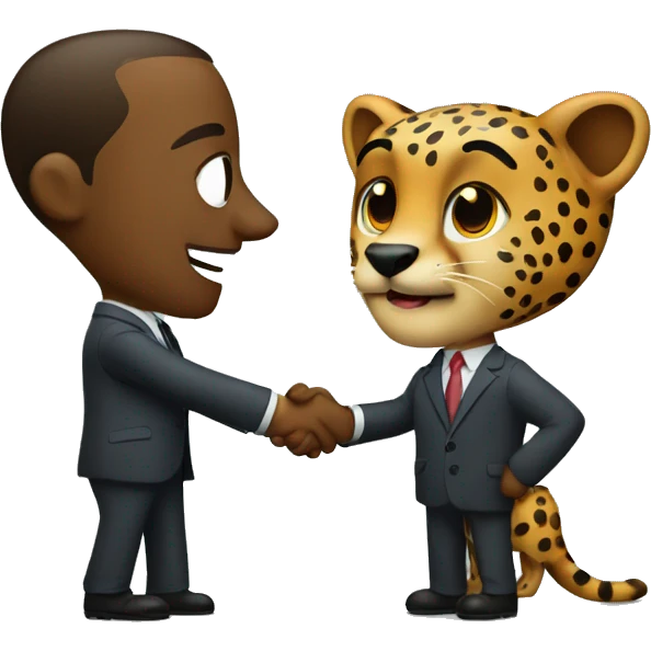A cheetah in a classic suit shakes hands with a man  emoji