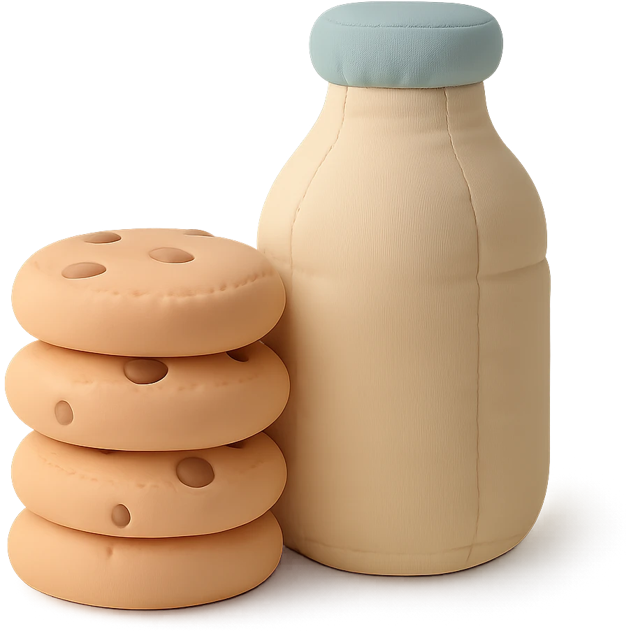 a cushion style stack of cookies next to a bottle of milk, cozy and rounded, pastel colors emoji