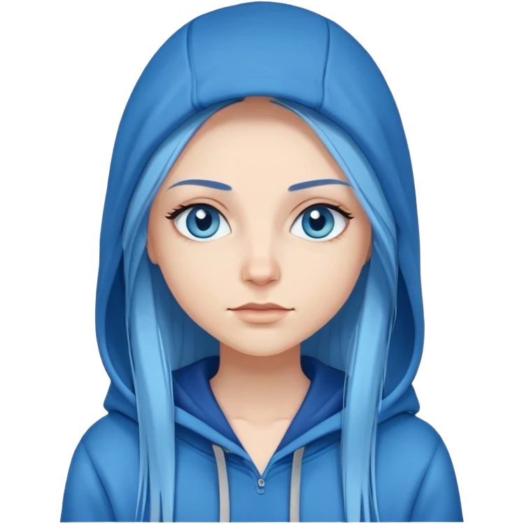 White woman with long blue straight hair and blue eyes with long eyelashes and blue hoodie emoji