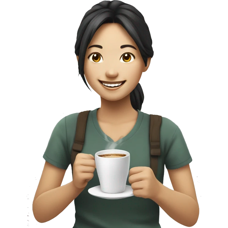 happy asian girl and grabbing coffe emoji