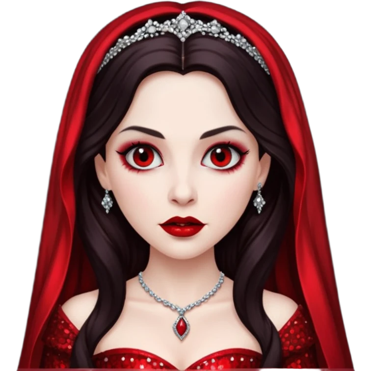 Bride of Dracula with long dark brown hair, red sequin outfit emoji