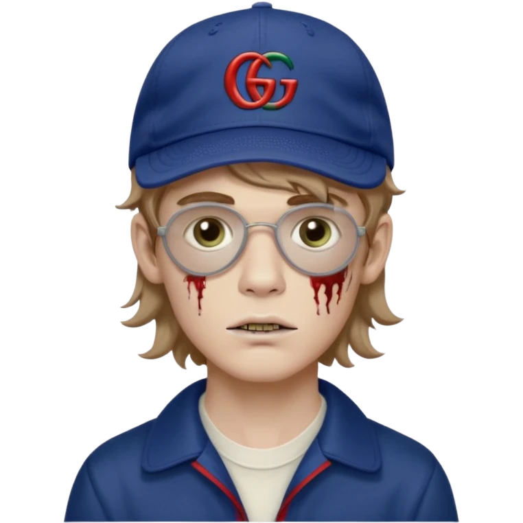 Faça um menino pálido, parecendo um Zumbi, faça esse menino com o cabelo ondulado e meio loiro, faça ele usando um boné escrito Gucci, com uma fonte pequena, e faça umas artes de Gg  emoji