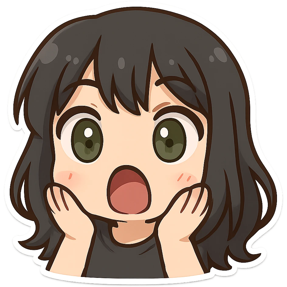 girl with black hair and green eyes, surprised expression, twitch emote style emoji
