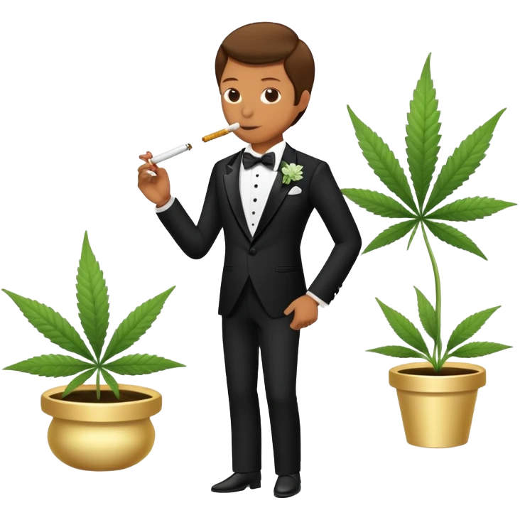 Full body view of a person in fancy clothes sneaking into a wedding ceremony smoking cannabis emoji