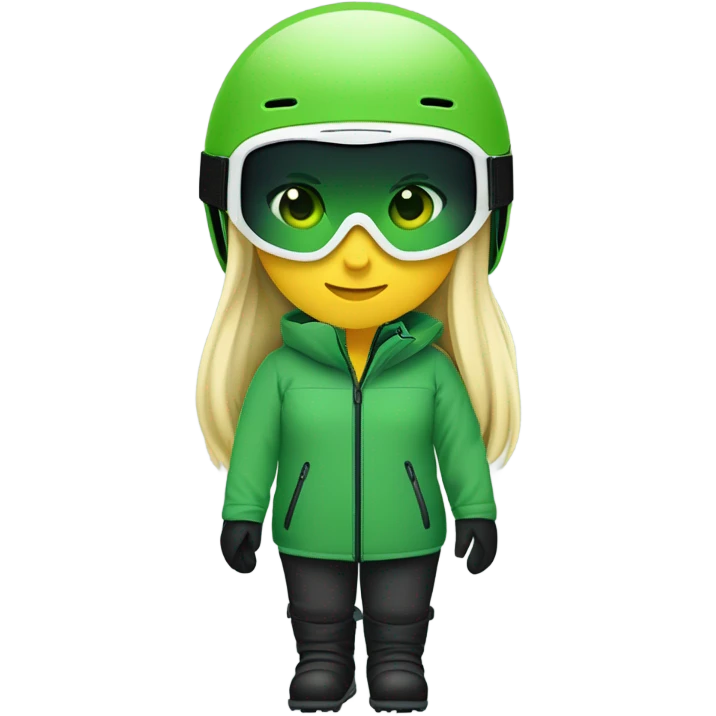 Green-eyed, fat female skier with medium-length straight blonde hair no curls, snow goggles on top of helmet, white ski helmet, gray snow jacket, green ski gloves, long black pants rolled up at the bottom, black only snow boots standing tall. emoji