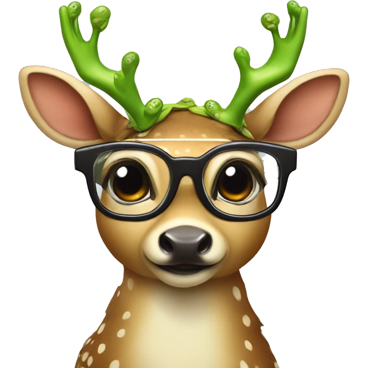 deer wearing slippers with glass glasses and lashes with a frog en their back emoji