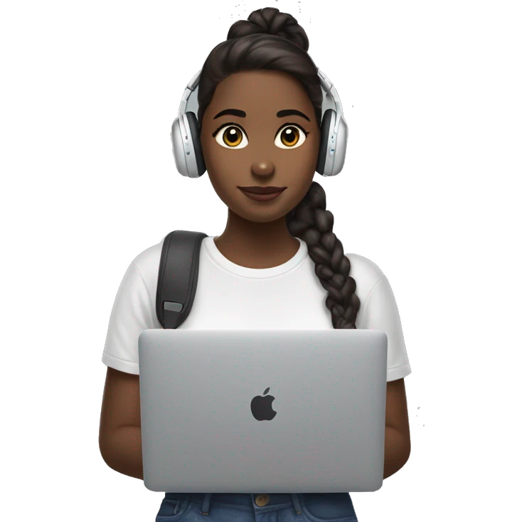 A brunnete girl wearing airpods max and looking at a macbook emoji