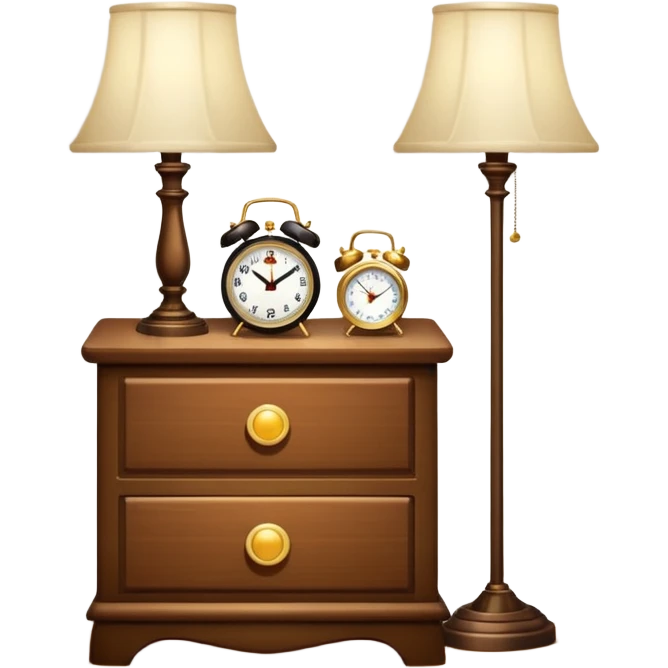 Cupboard-commode-drawer-night-stand with a night lamp on, a photo on, and a digital alarm clock on emoji