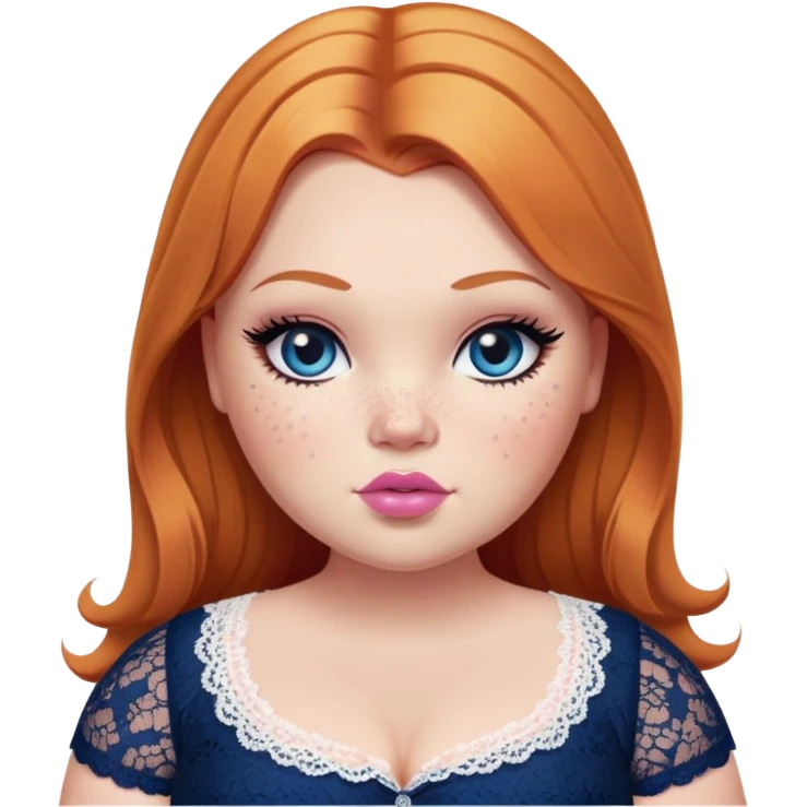 big fat plus size, pretty bratz girl, ginger straight hair, freckles, dark blue eyes, pink lips, black eyeliner, pale skin, cute lace girly clothes emoji