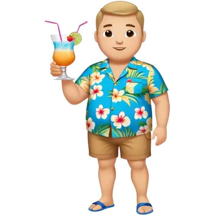 chubby guy full figure in a flowered azure havai shirt, brown shorts and flippers holding a cocktail emoji