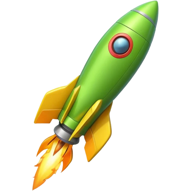 A single rocket, colored in yellow and neon green, glossy and smooth, cartoonish, vibrant colors, high detail, simple and cute design, isolated on white background, centered composition emoji