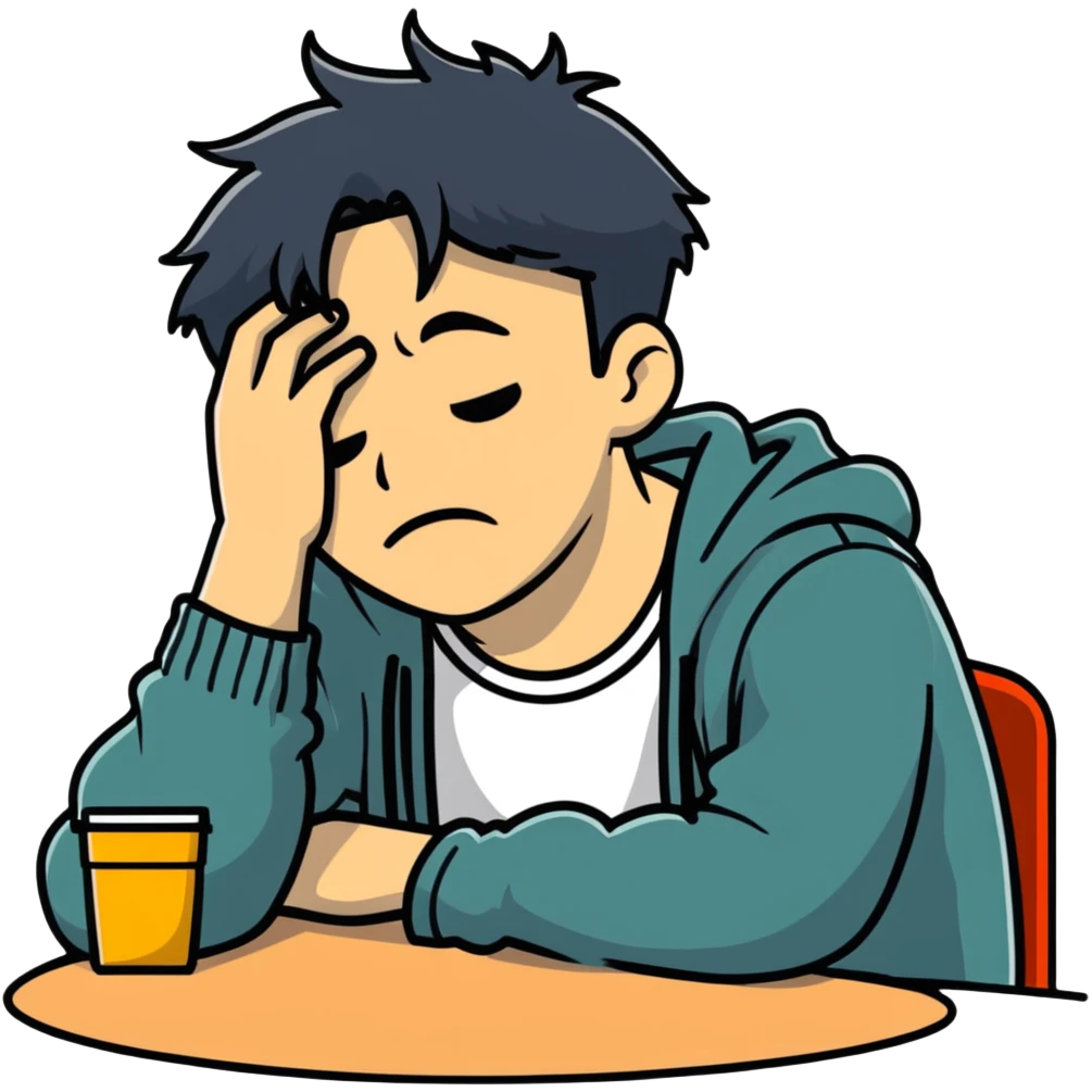 Guy who’s drunk and just got fired at a table sitting down  emoji