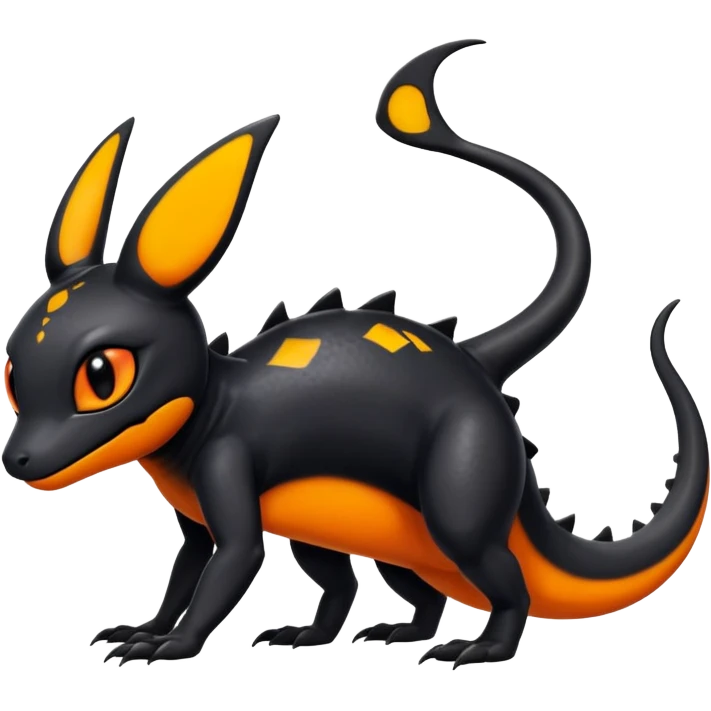 A black Salandit-Umbreon-newt-hybrid-Fakémon-creature with orange belly emoji