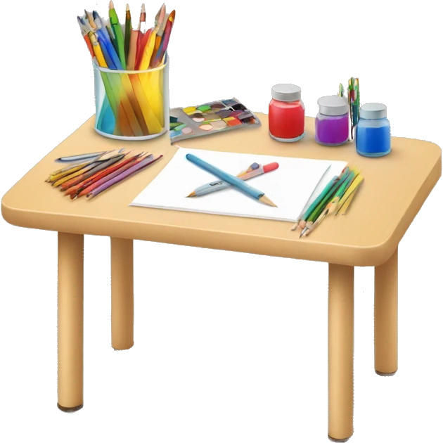 Table with child's drawing and art supplies emoji