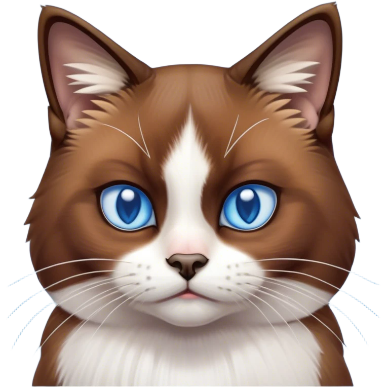 Cinematic Grumpy Brown Mantle Snowshoe Cat Portrait Emoji, Head tilted slightly with a deeply unimpressed expression, rich brown fur blanketing its back, contrasted by its signature white paws, chest, and face, piercing icy-blue eyes narrowed into an unamused glare, Simplified yet comically expressive features, highly detailed, glowing with a dry, sarcastic glow, high shine, effortlessly judgmental yet dignified, stylized with a touch of cynicism, bright but brooding, soft glowing outline, capturing the essence of an eternally unimpressed yet endearing feline, so lifelike it feels like it could sigh heavily at you in disdain at any moment! emoji