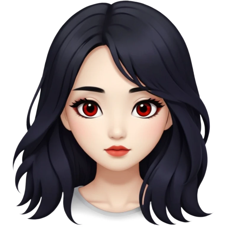Asian girl with very long shaggy black hair, big black irises for eyes. middle part hair. long lower lashes, cheekbones with red blush. big dimples. simple dark makeup.  emoji