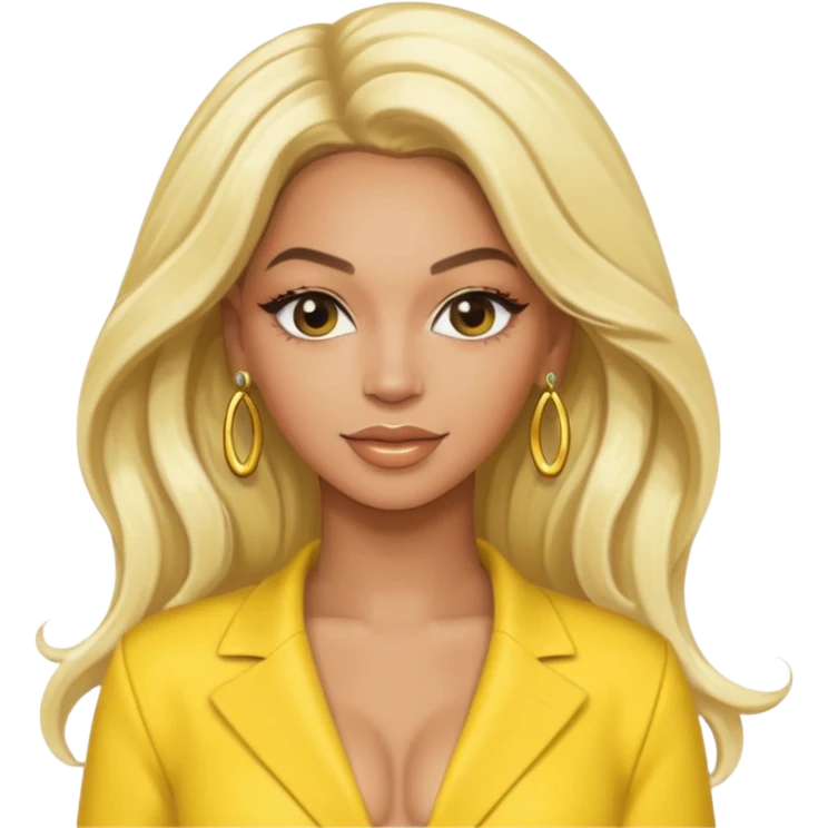 Beyonce with long platinum blonde hair, yellow outfit and earring emoji