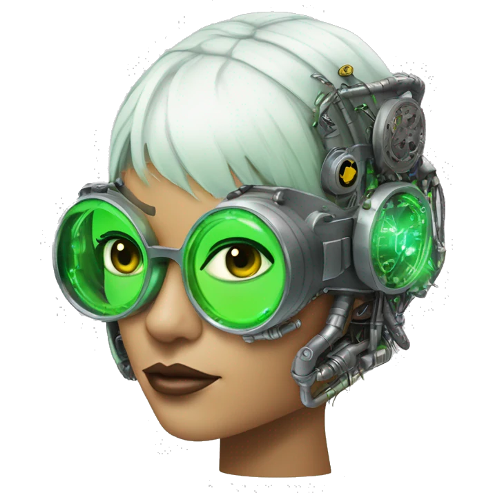 Neon green bobbed hair Latina female cyborg head with silver steampunk goggles and circuits emoji