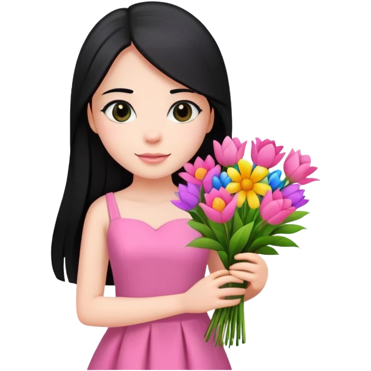 Beautiful girl with long straight black hair, fair skin, wearing pink dress, holding a bouquet of colorful flowers emoji
