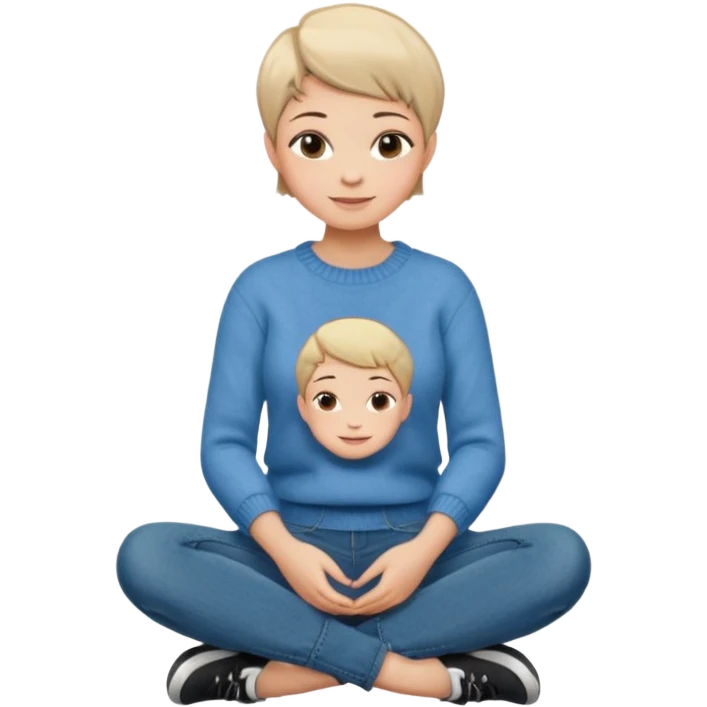 woman sitting cross legged short pixie hair jeans sweater smile  emoji