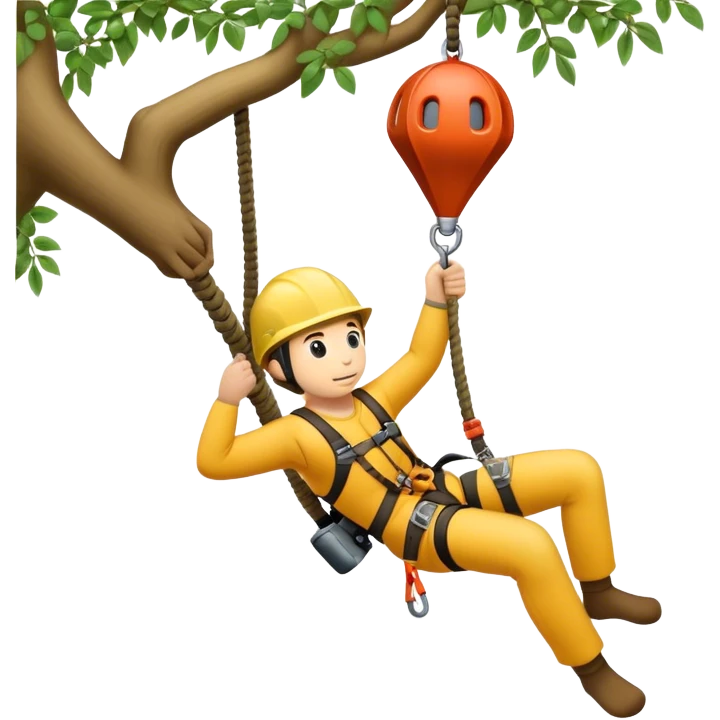 A minimalistic emoji-style illustration of a person climbing a tree using a jumar and a Grigri. The person is wearing a harness and helmet, gripping the rope with the jumar in one hand while the other hand steadies against the tree. The Grigri is attached to the harness, with the rope running through it. The tree has a simple, rounded canopy and a sturdy trunk. The style is clean, small-scale, and optimized for an emoji-like appearance emoji