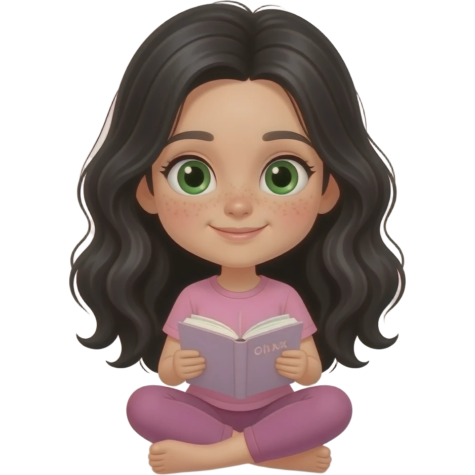 young girl, green eyes and freckles black waves long hair, pink complete top and leggingg, light skin, writes a diary emoji