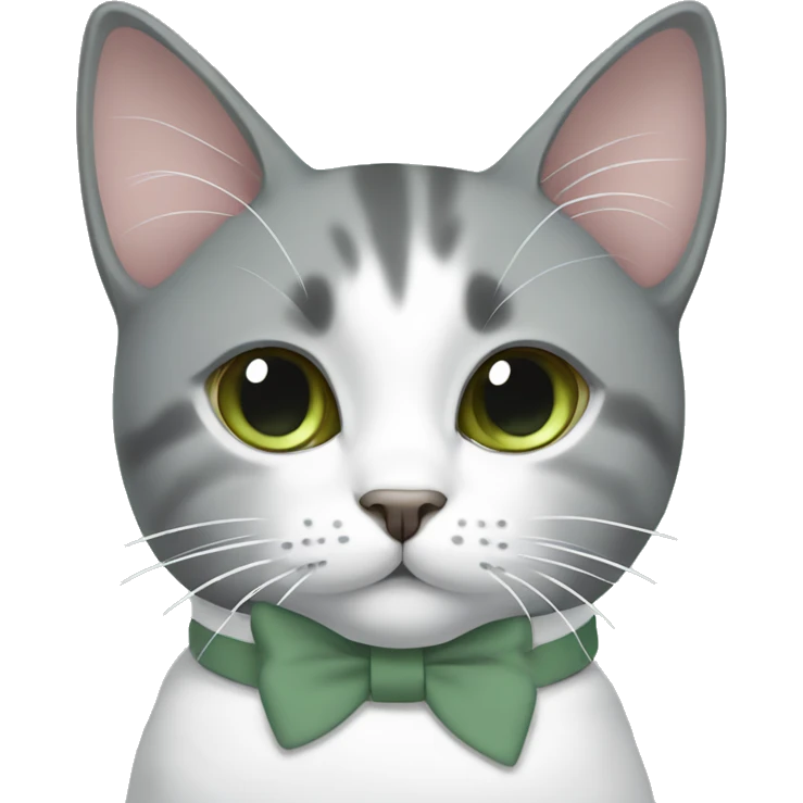 Grey and white cat with sage green bow at neck emoji