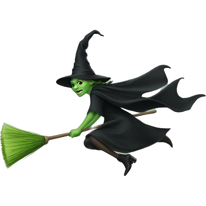 Elephaba flying on a broomstick emoji