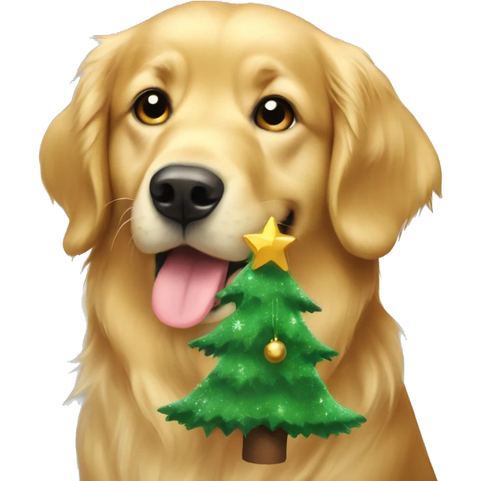 christmas golden retriever with christmas tree  emoji