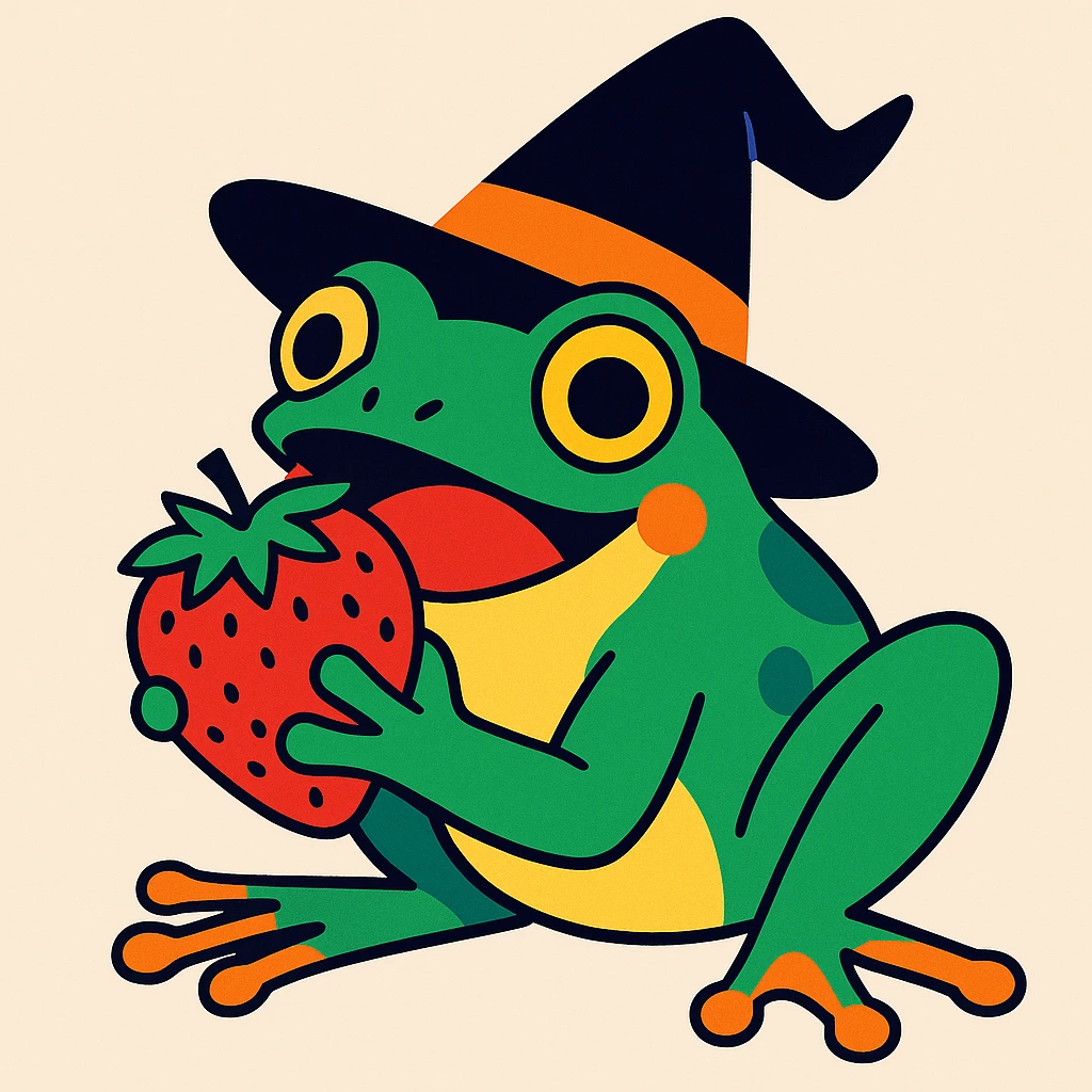 a vibrant and expressive frog wearing a witch hat and eating a strawberry, cartoon style emoji