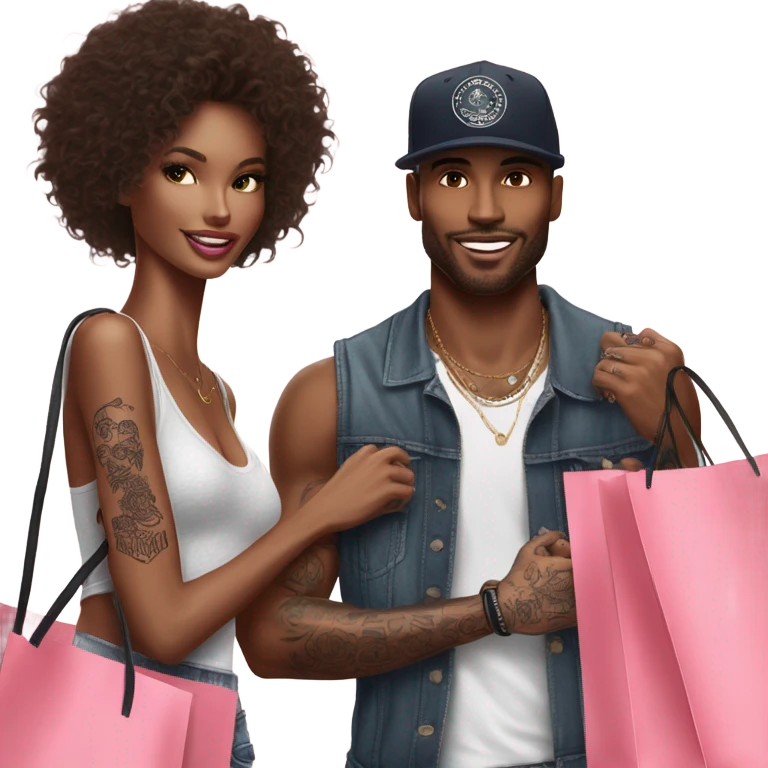 Photo of Victoria secret model shopping with a tattooed male model carrying bags emoji