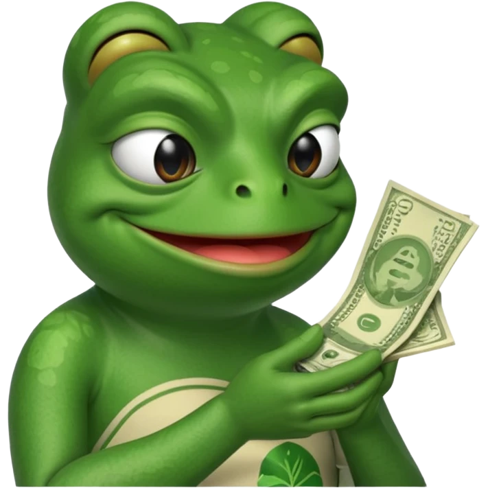 Pepe the frog sniffing a wad of money in his hand and smiling emoji