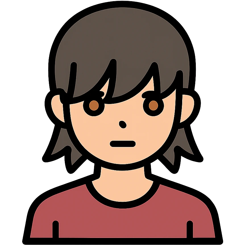 A boy with bangs covering his eyes, long hair sticking out at the back, and long side locks. He has brown eyes and dark brown hair, and is wearing a maroon t-shirt. emoji