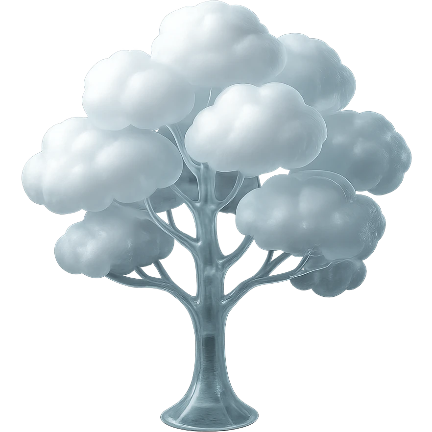 one tree with many branches and a white trunk, crown made of small very bright white fluffy convex clouds, matte glass style emoji