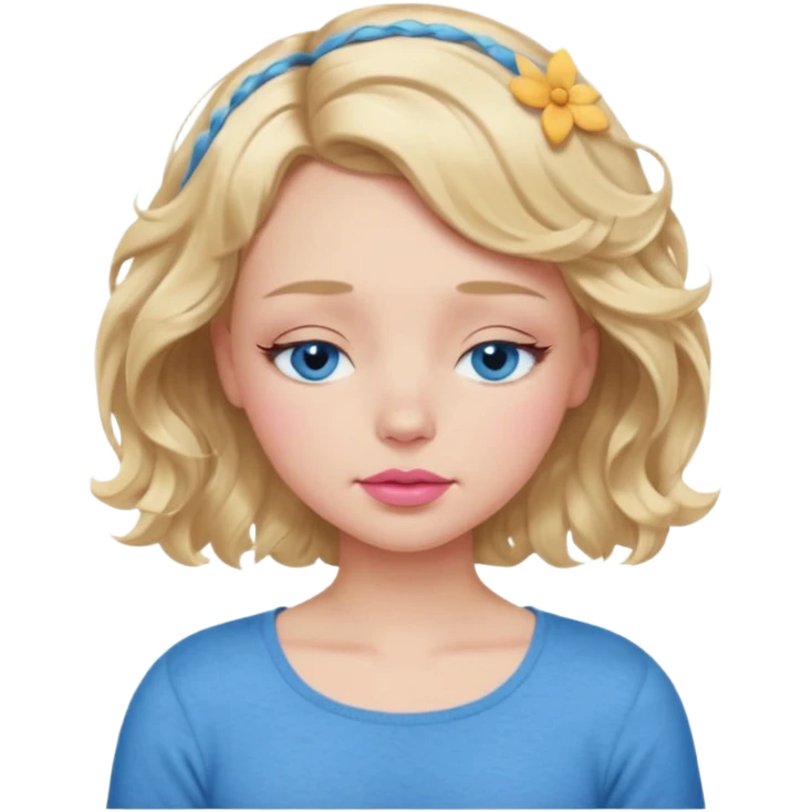 Girl Blonde short wavy hair,  blue eyes, cute blue top, long lashes, pink lips, sleeping eyes closed emoji