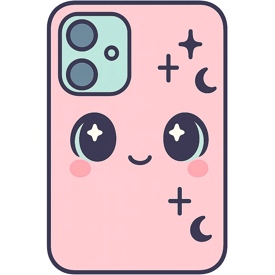 Remove any purse or purse-matching elements. Focus only on a white and black gothic kawaii phone case with big eyes, smiling, playful, cartoonish style, and gothic symbols. No purse references. No background. emoji