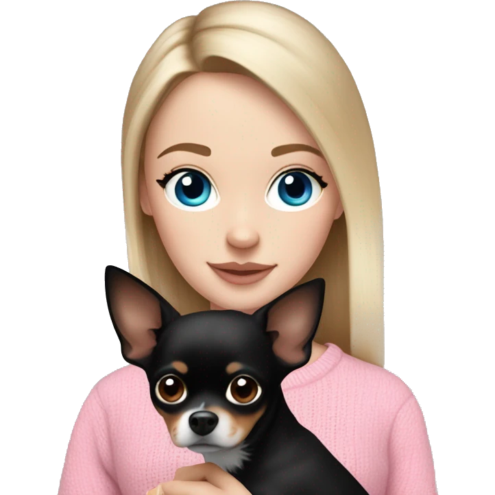 Pretty blue eyed white girl with brunette hair in a pink sweater holding a black chihuahua  emoji