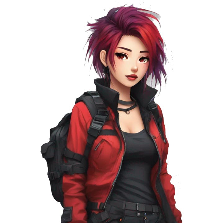 Gorgeous bright colorful techwear anime style lady with blushing face aesthetic and pretty edgy black red punk messy hair with collar and harness trending style emoji