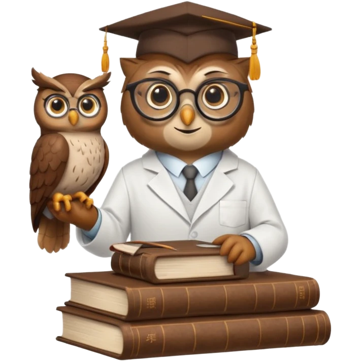 Wise bird with glasses, wearing a lab coat, perched on a stack of books. emoji